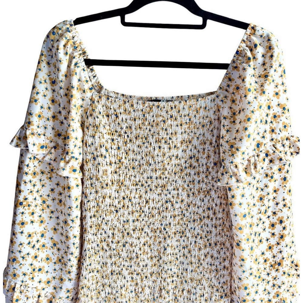 Pretty Garden Floral Smocked Mini Dress Large Square Neck Long Sleeve Boho